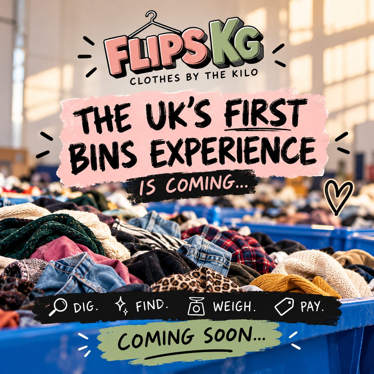 FlipsKG event announcement: the UKs first bins experience is coming. Dig, find, weigh, pay.